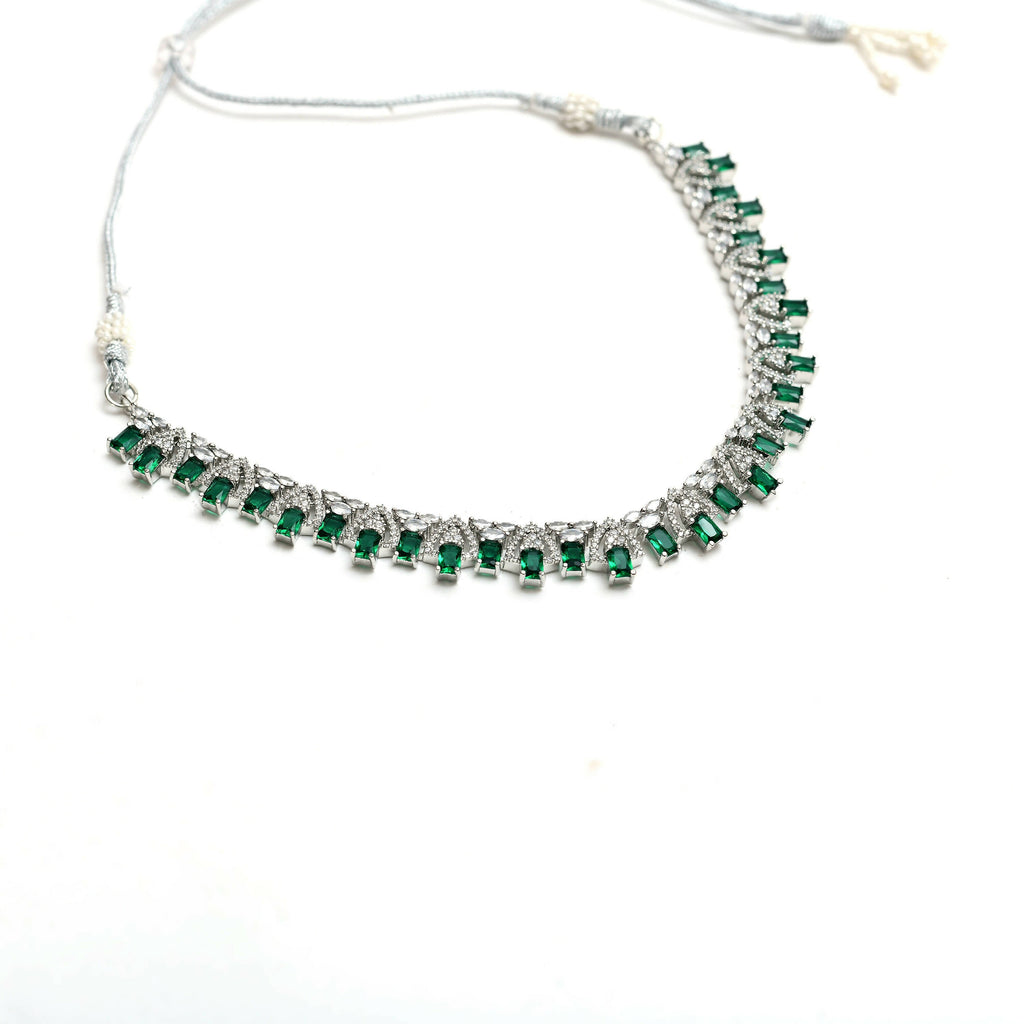 Mominos Fashion Johar Kamal Silver-Plated American Diamond Green Choker Set