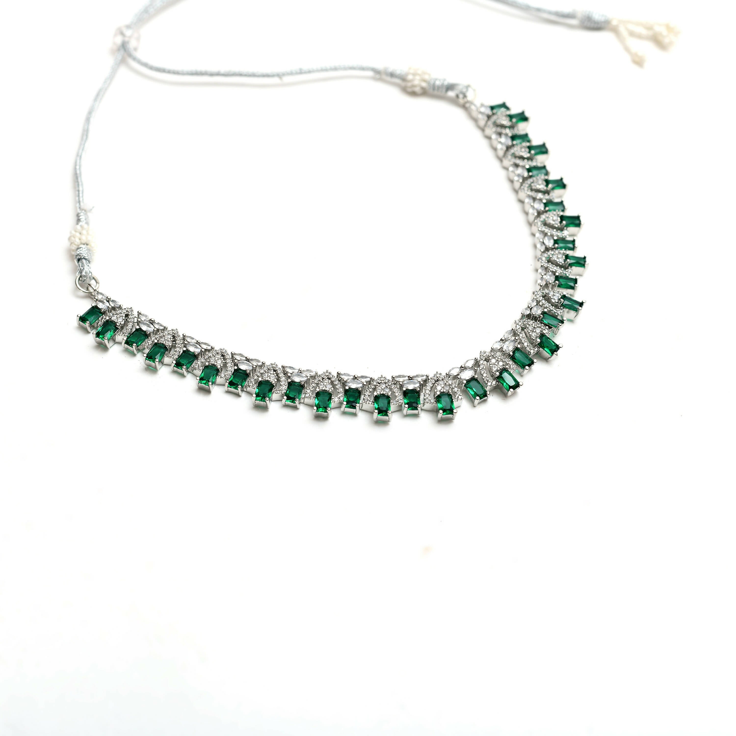 Mominos Fashion Johar Kamal Silver-Plated American Diamond Green Choker Set