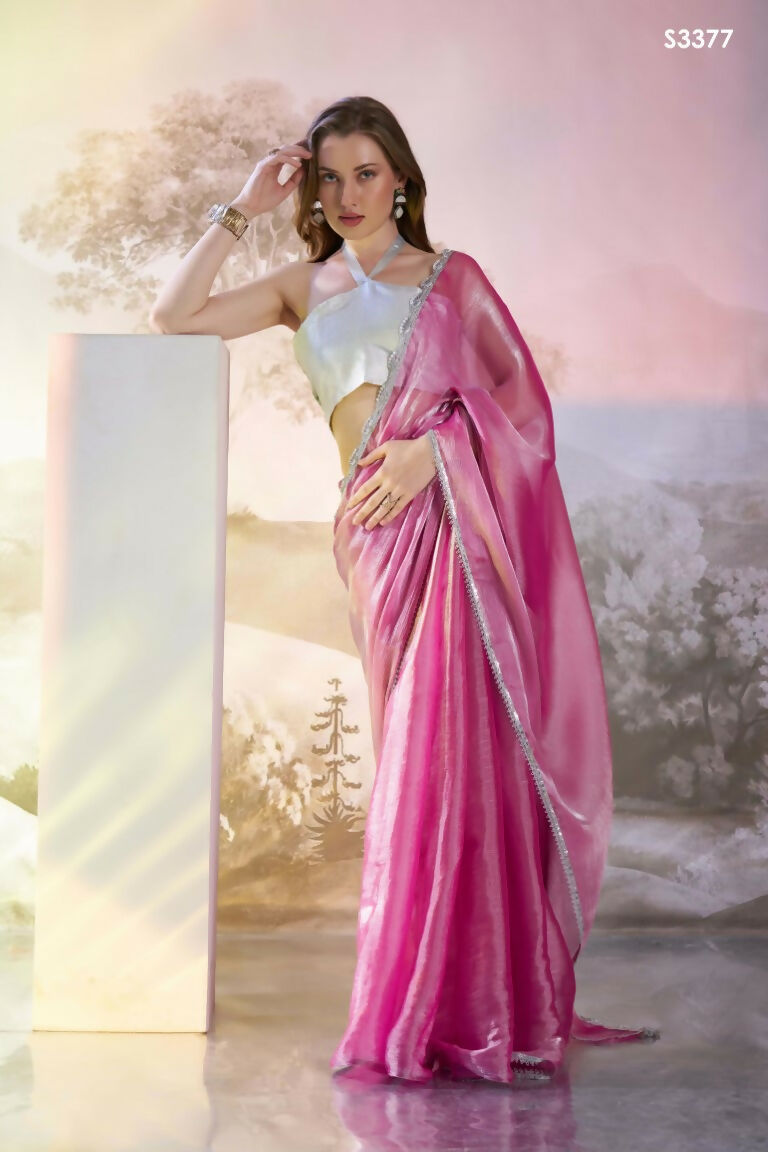 Pink Burberry Organza Solid Fancy Designer Saree - Nafisa