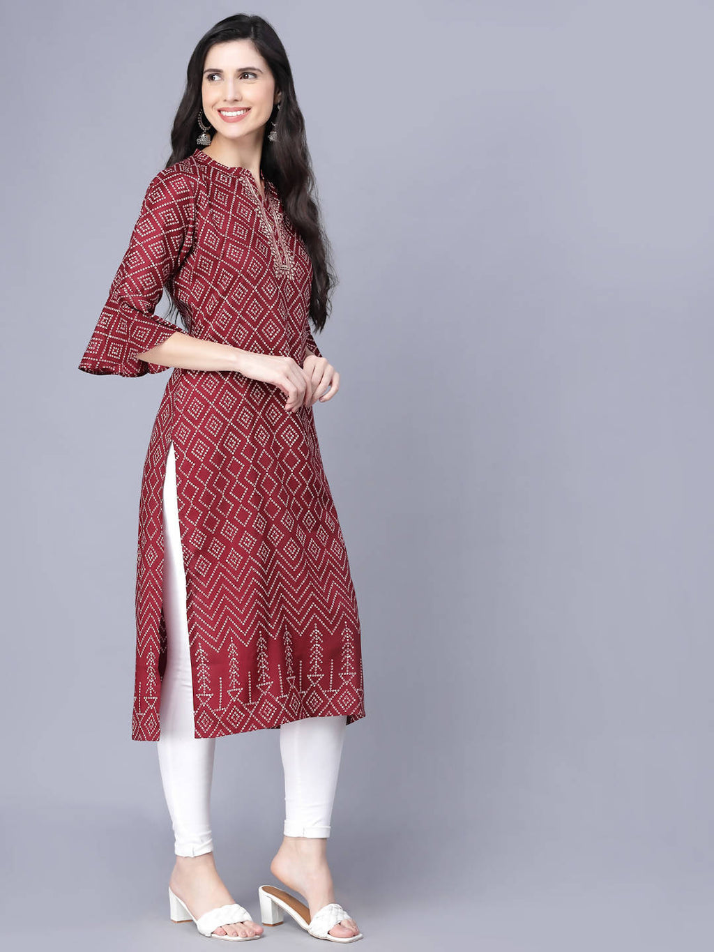 Myshka Silk Printed 3/4 Sleeve Round Maroon Women Kurta
