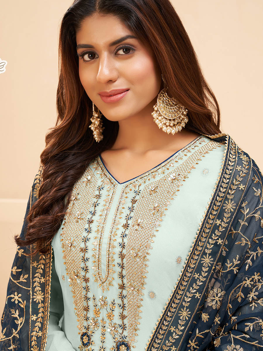 Myra Light Blue Georgette Embroidered Palazzo Suit