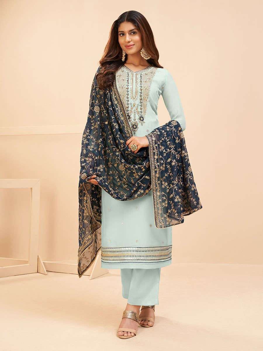 Myra Light Blue Georgette Embroidered Palazzo Suit