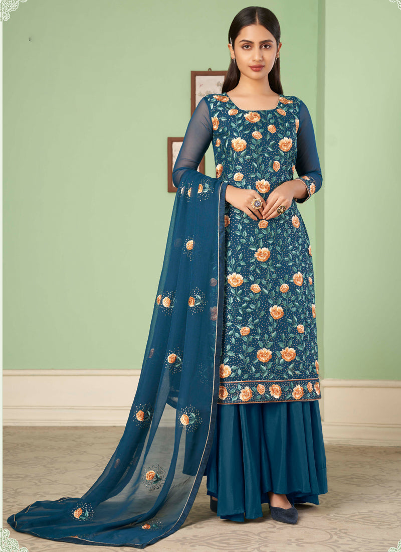 Vegaa Fashion Aqua Blue Georgette Embroidery Designer Sharara Suit