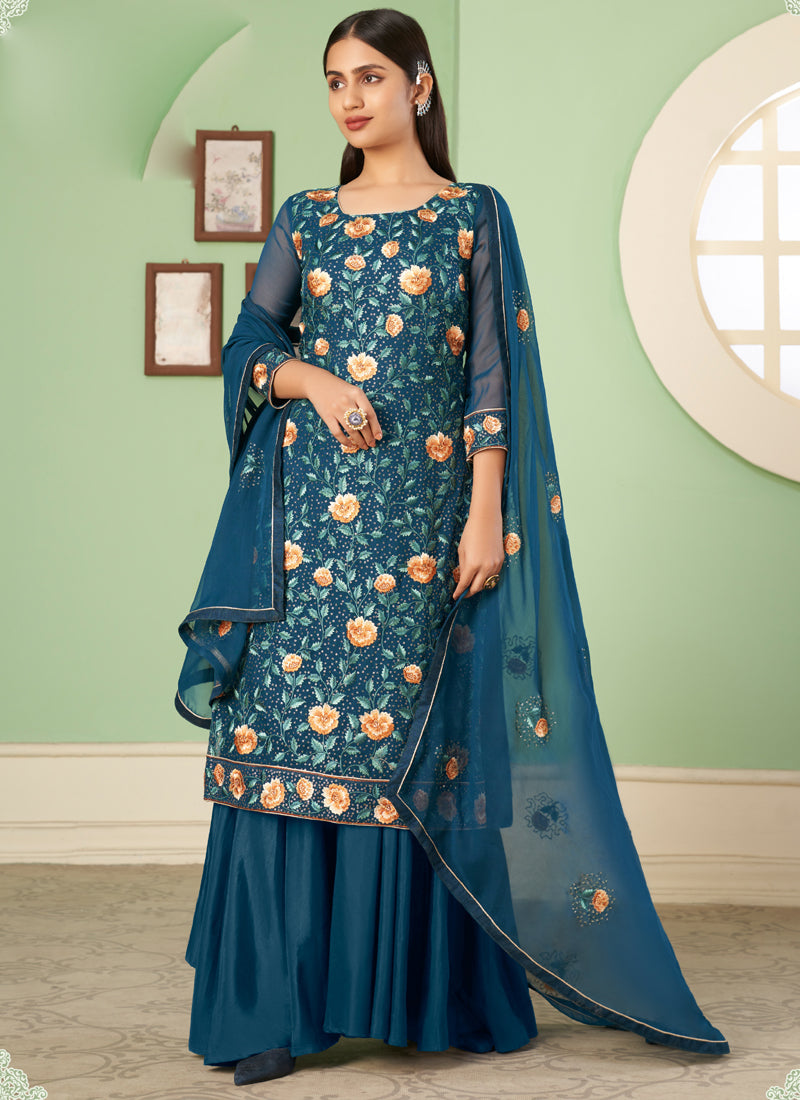 Vegaa Fashion Aqua Blue Georgette Embroidery Designer Sharara Suit