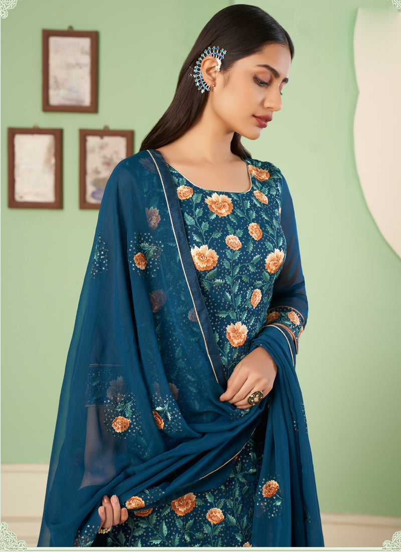 Vegaa Fashion Aqua Blue Georgette Embroidery Designer Sharara Suit