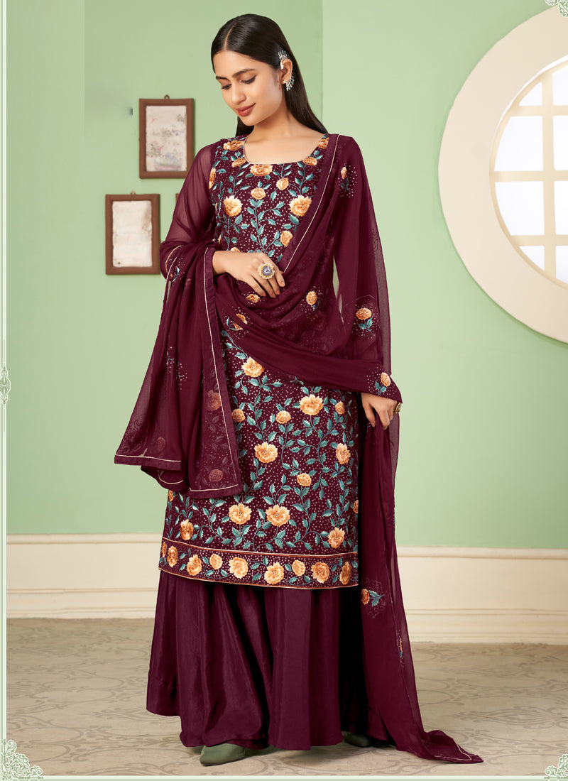 Vegaa Fashion Maroon Georgette Embroidery Designer Sharara Suit