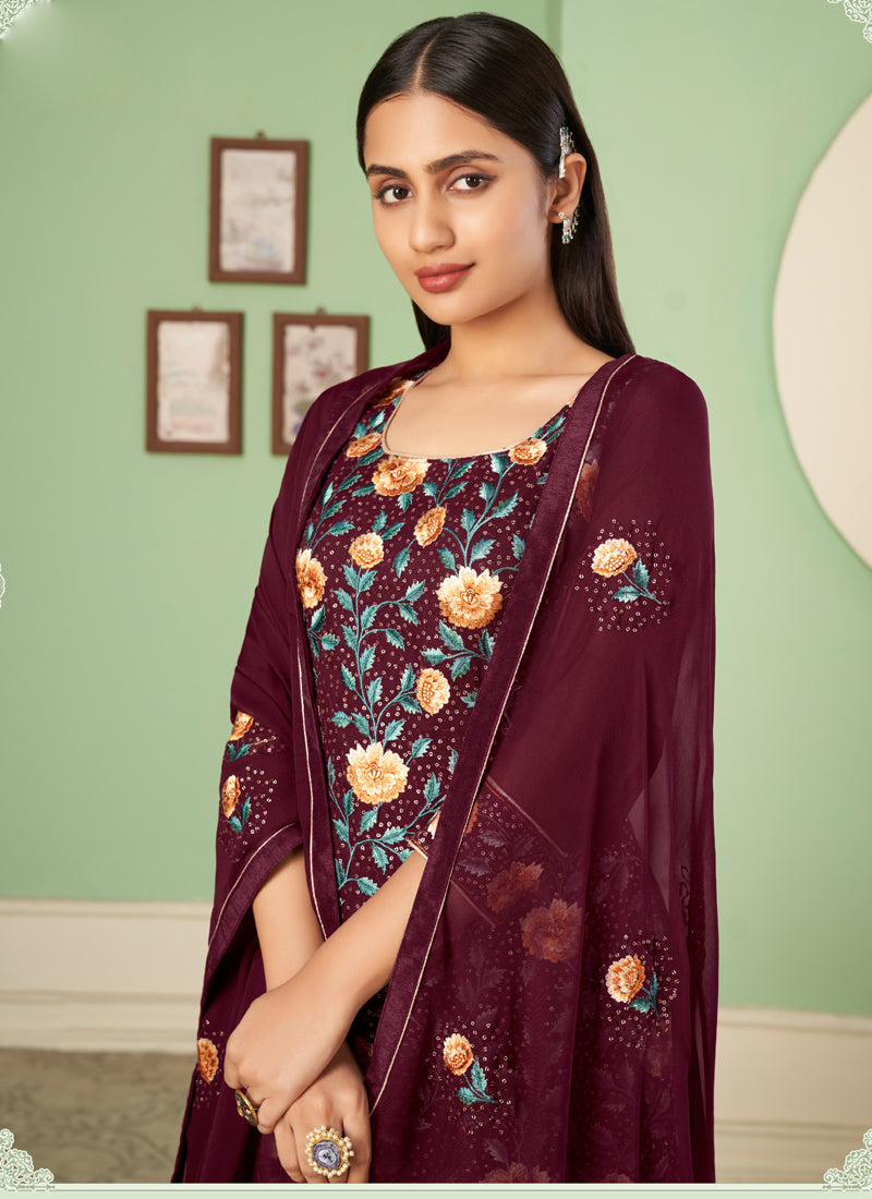 Vegaa Fashion Maroon Georgette Embroidery Designer Sharara Suit