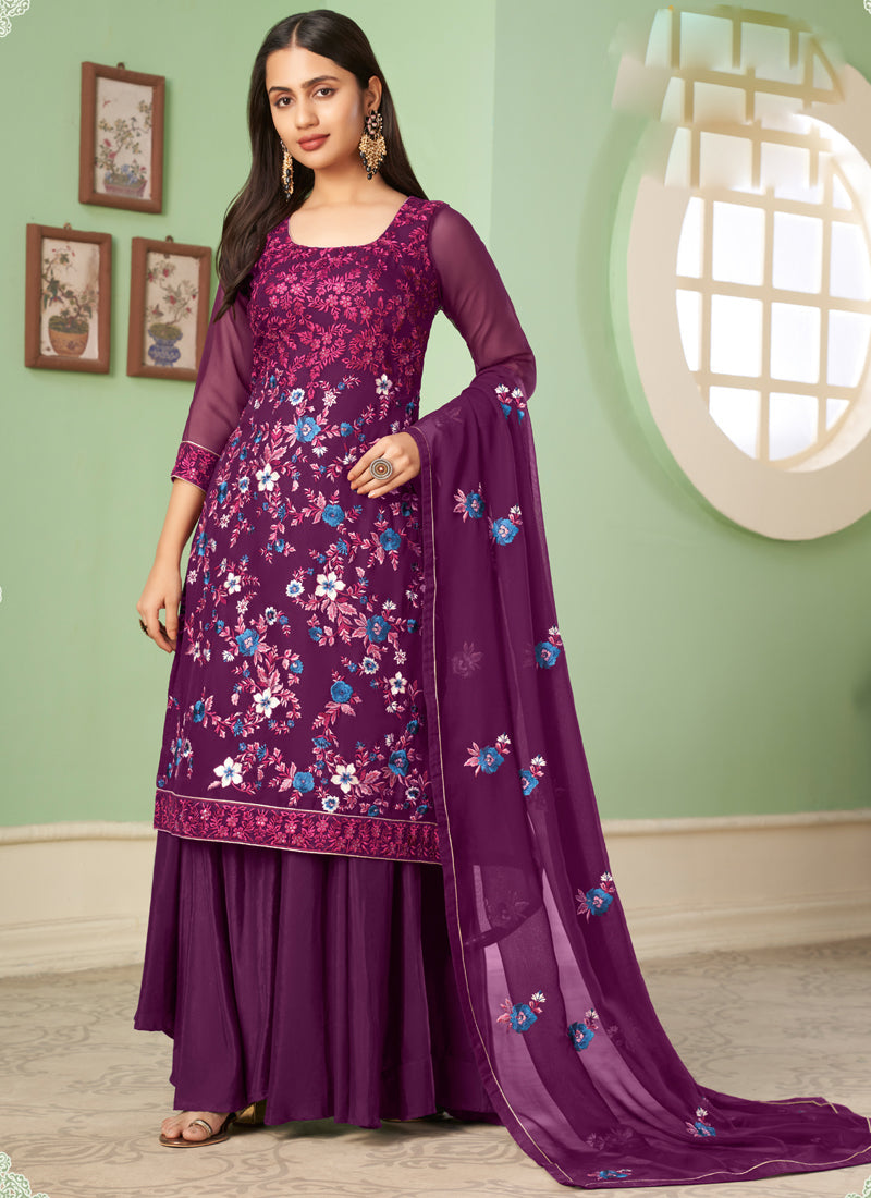 Vegaa Fashion Violet Georgette Embroidery Designer Sharara Suit