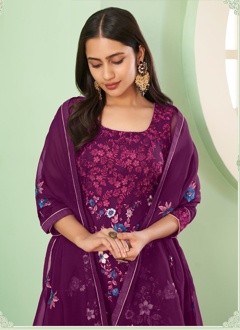 Vegaa Fashion Violet Georgette Embroidery Designer Sharara Suit