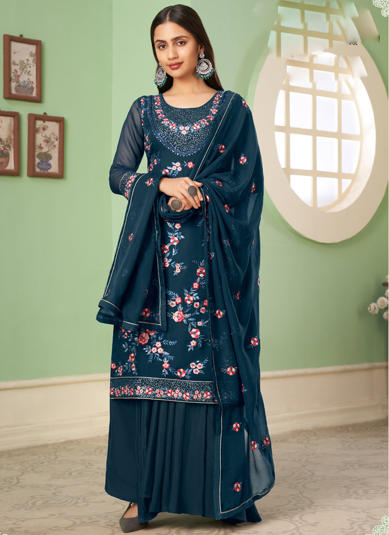 Vegaa Fashion Blue Georgette Embroidery Designer Sharara Suit
