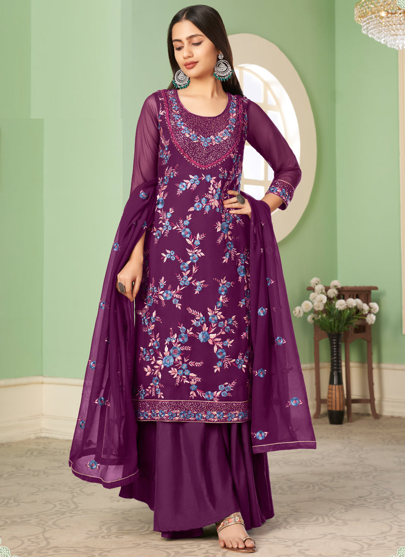 Vegaa Fashion Violet Georgette Embroidery Designer Sharara Suit