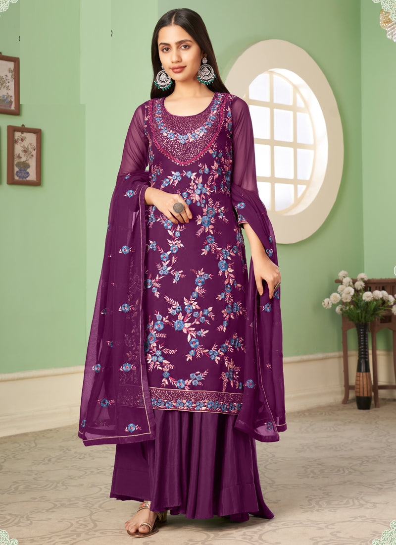Vegaa Fashion Violet Georgette Embroidery Designer Sharara Suit