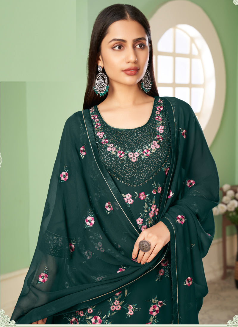 Vegaa Fashion Dark Green Georgette Embroidery Designer Sharara Suit