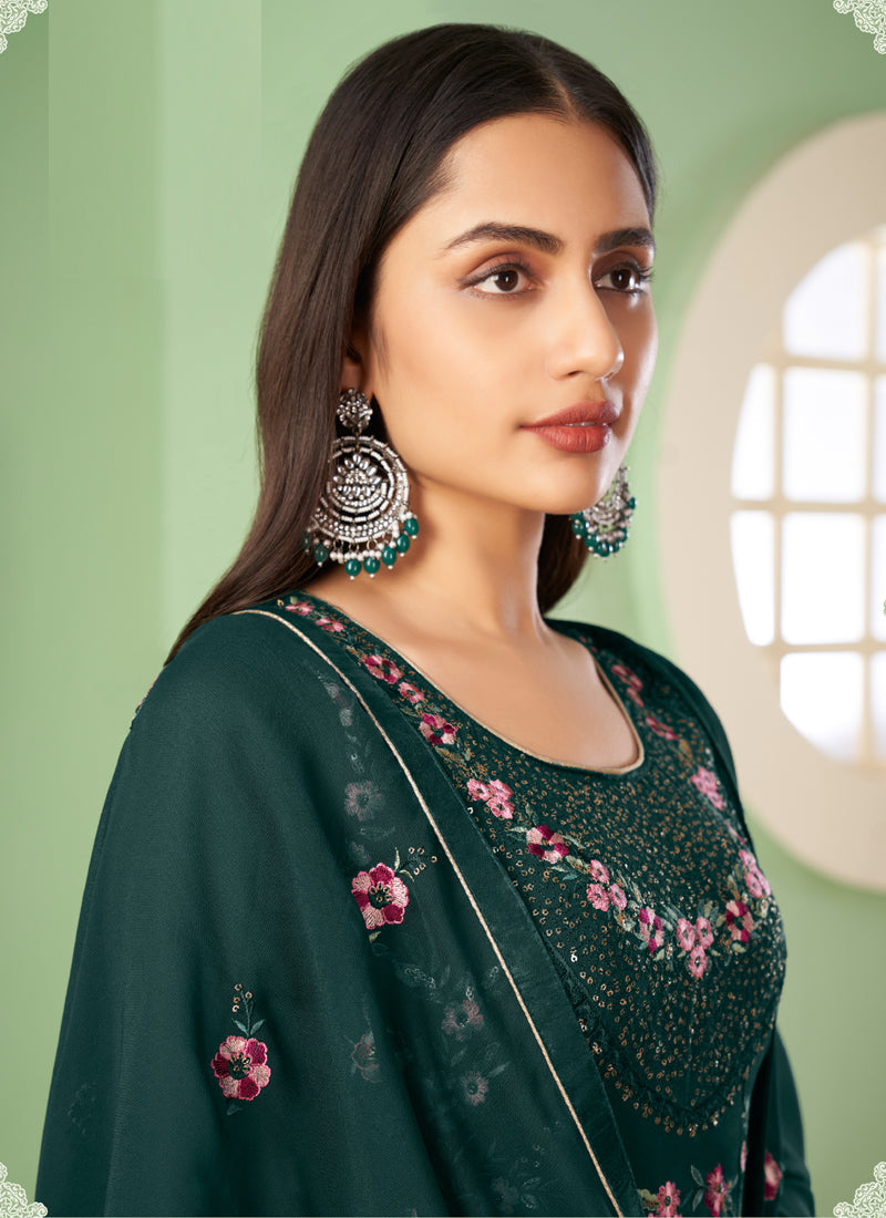 Vegaa Fashion Dark Green Georgette Embroidery Designer Sharara Suit