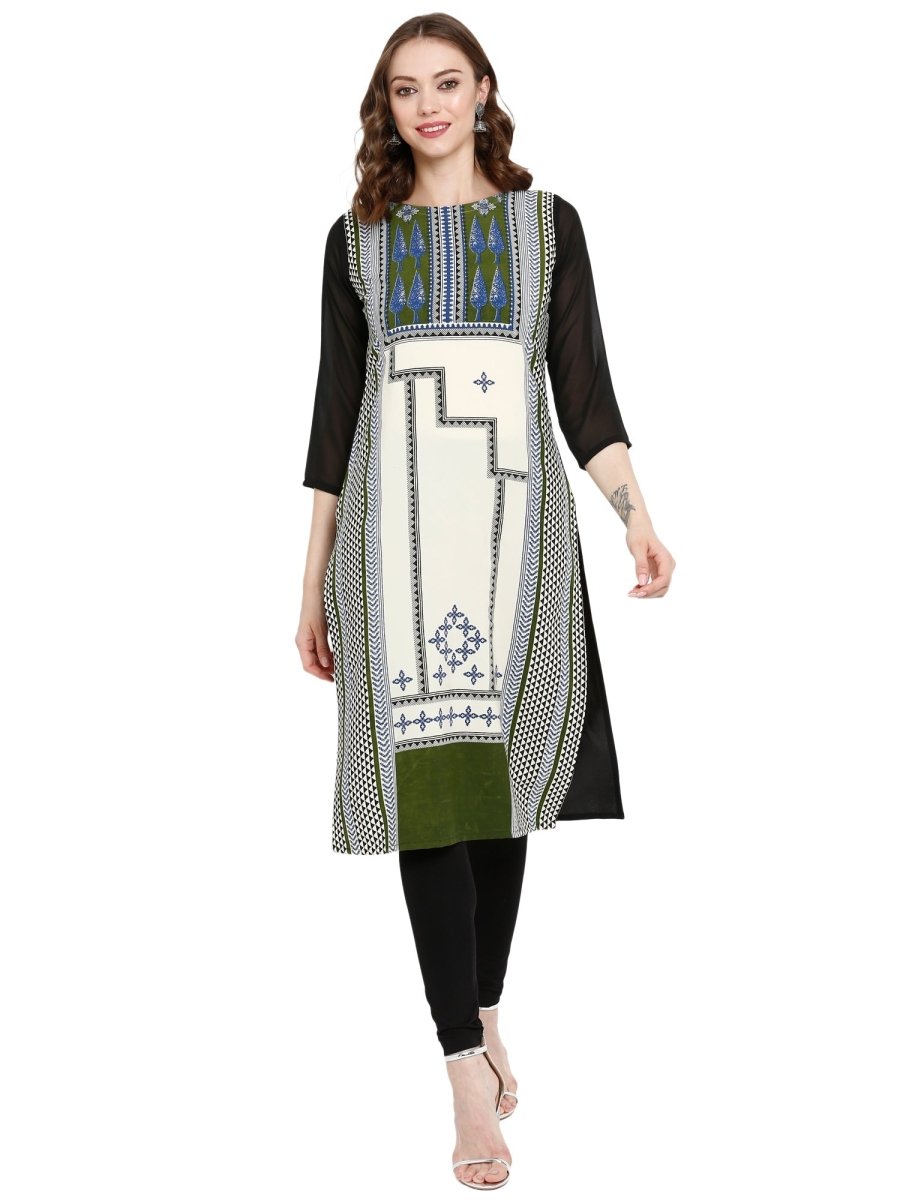 Ahalyaa Women Black & Cream-Coloured Printed Straight KurtI