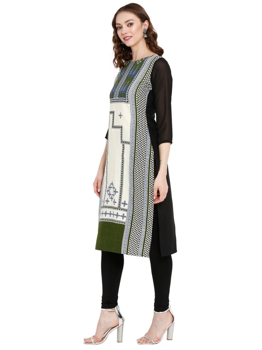 Ahalyaa Women Black & Cream-Coloured Printed Straight KurtI