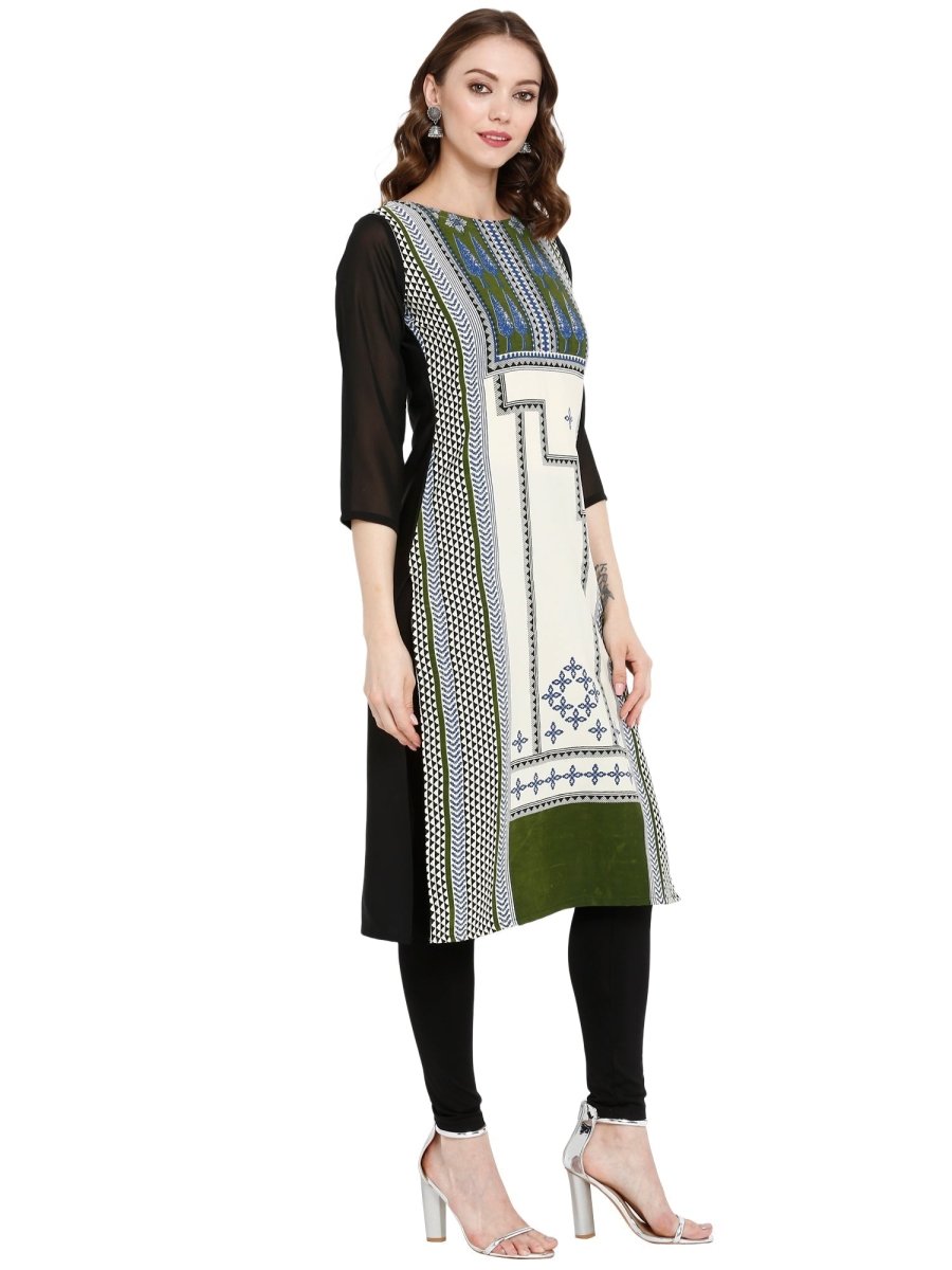 Ahalyaa Women Black & Cream-Coloured Printed Straight KurtI