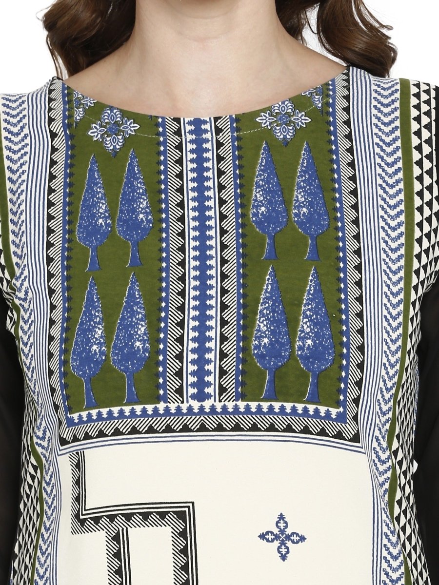 Ahalyaa Women Black & Cream-Coloured Printed Straight KurtI