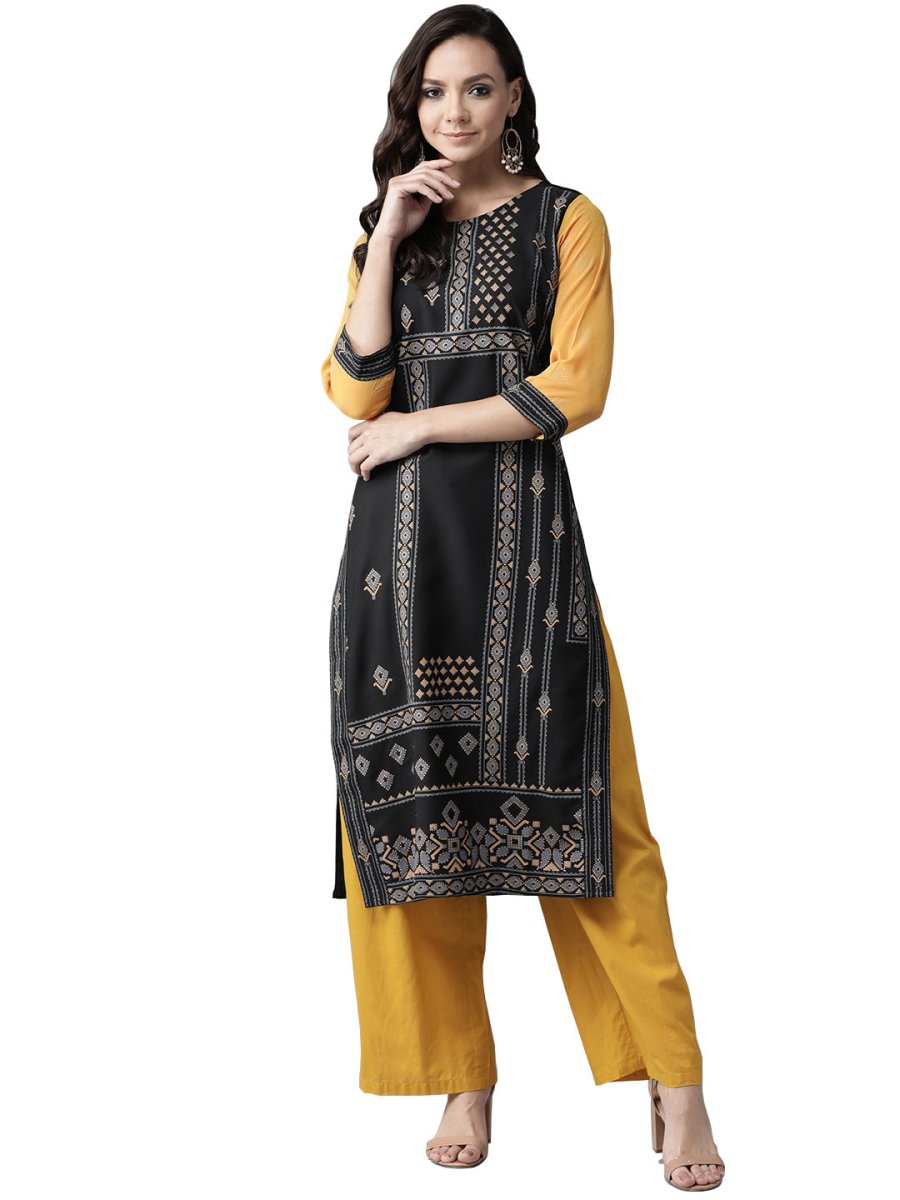 Ahalyaa Black & Grey Screen Print Straight Kurta