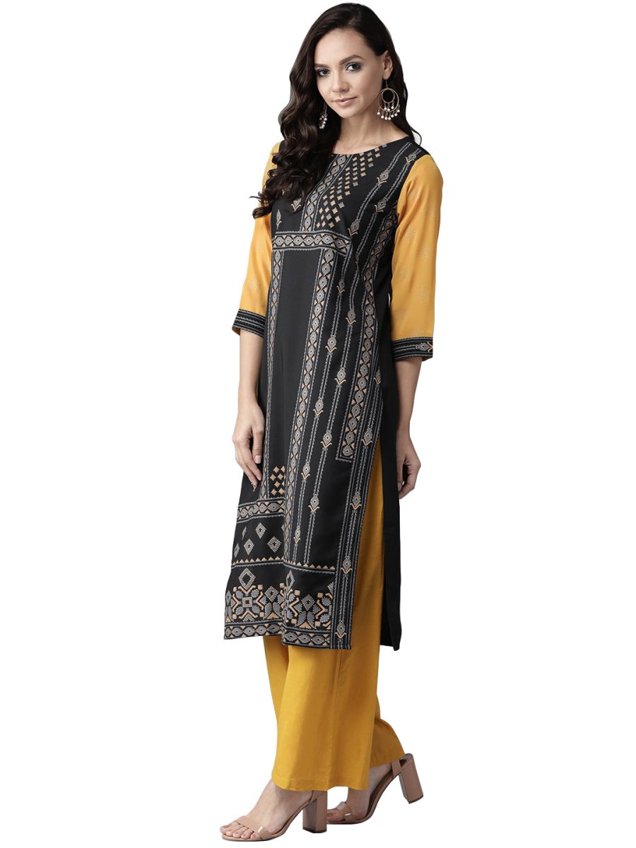 Ahalyaa Black & Grey Screen Print Straight Kurta