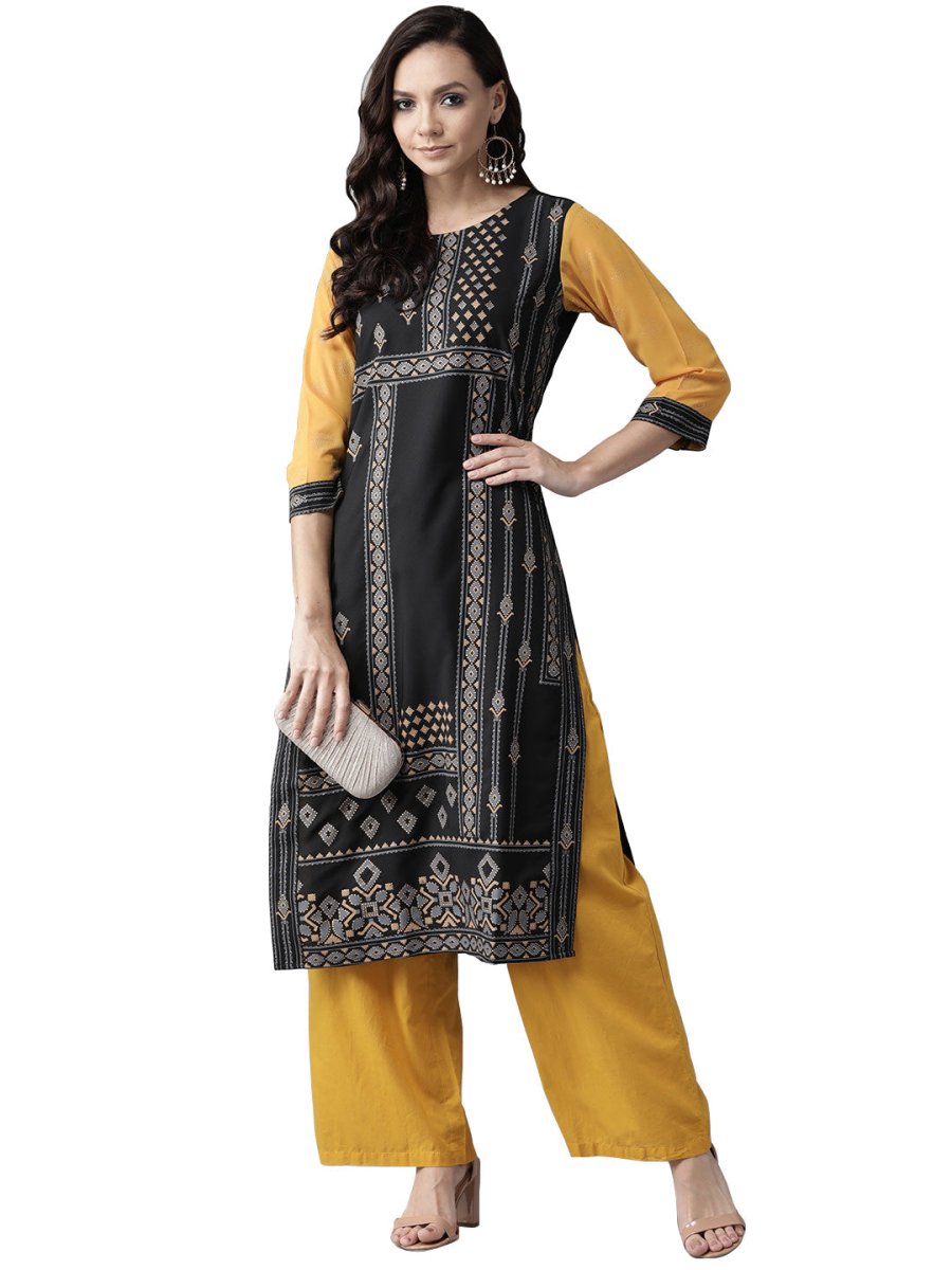 Ahalyaa Black & Grey Screen Print Straight Kurta