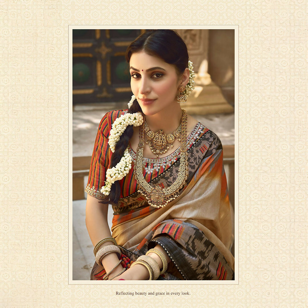 Beige Bhagalpuri Silk Pure Gota Work Saree With Unstitched Blouse - Norita Gajri