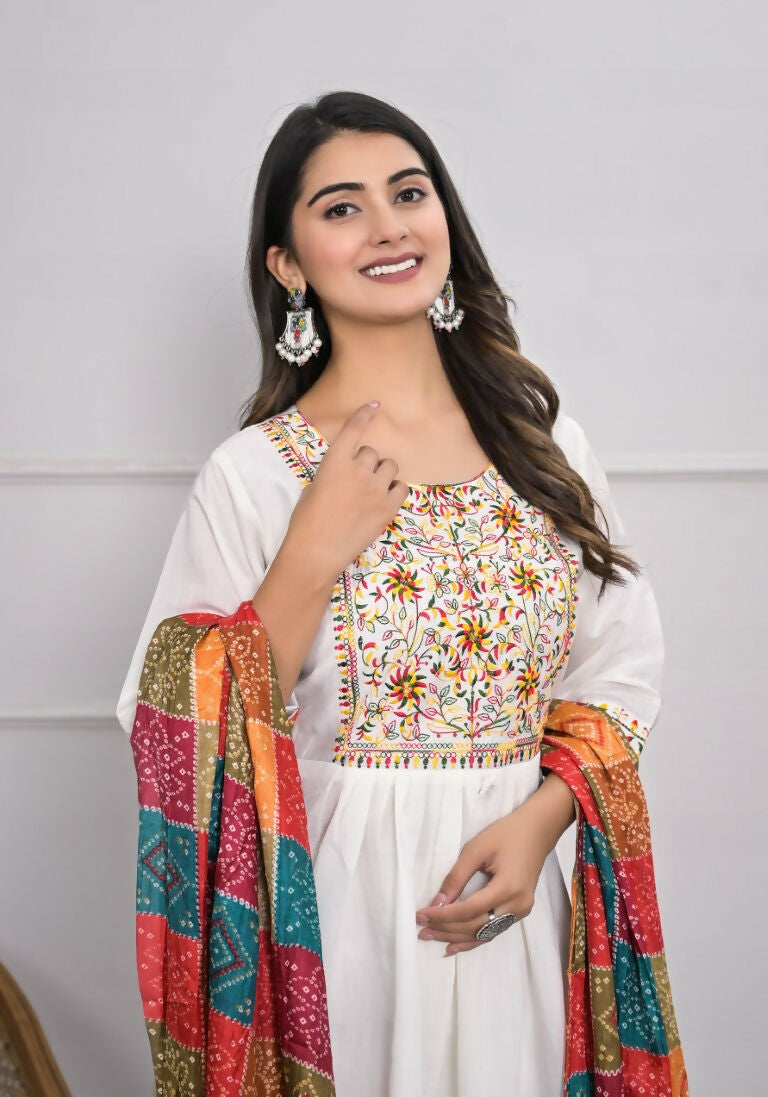White Viscose Silk Embroidery with Thread and sequence Stitched Suit With Dupatta - Tanisha