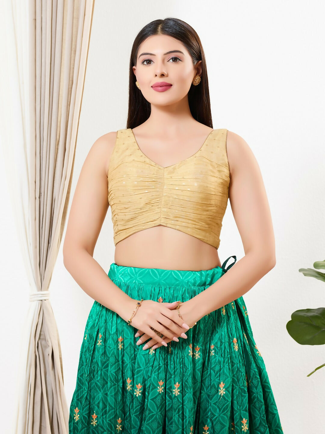 Joban Fashion Light Gold Tissue Padded Blouse With V Neck Sleeveless