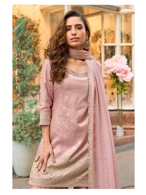 Aarshi Fashions Baby Pink Shimmer Silk Full Stitched Sharara Suits