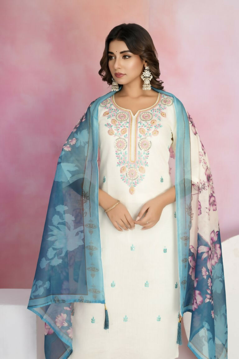 Ethnic Festive Wear Viscose Chanderi Off White Stitched Suit With Dupatta - Tanisha