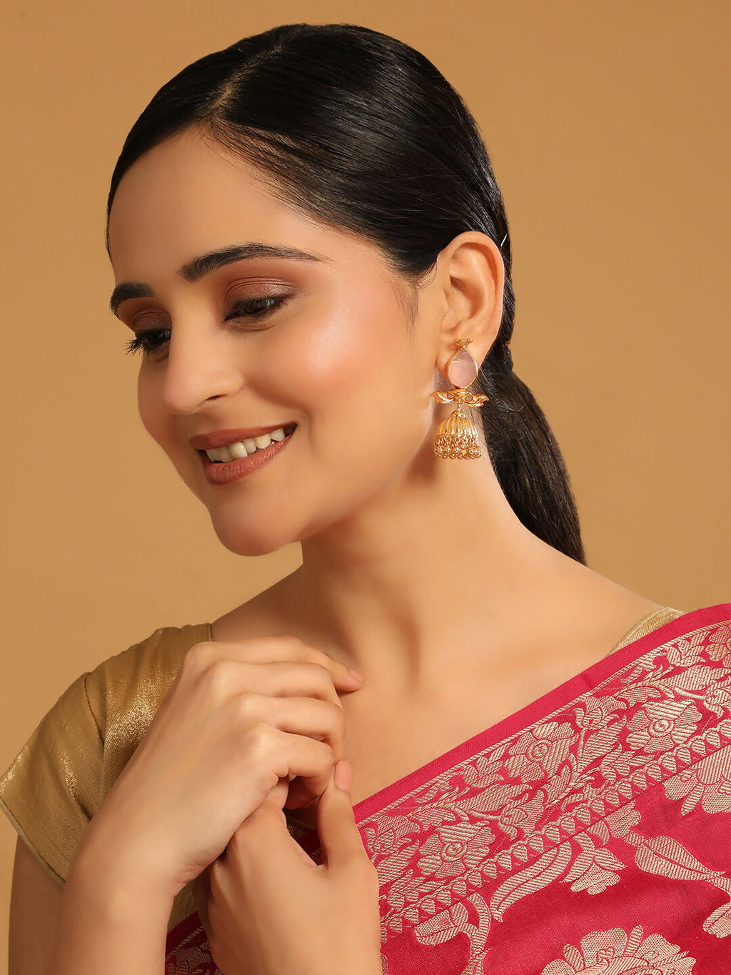 Nuyug 22K Gold Plated Rose Quartz Stone Studded Ethnic Jhumkas