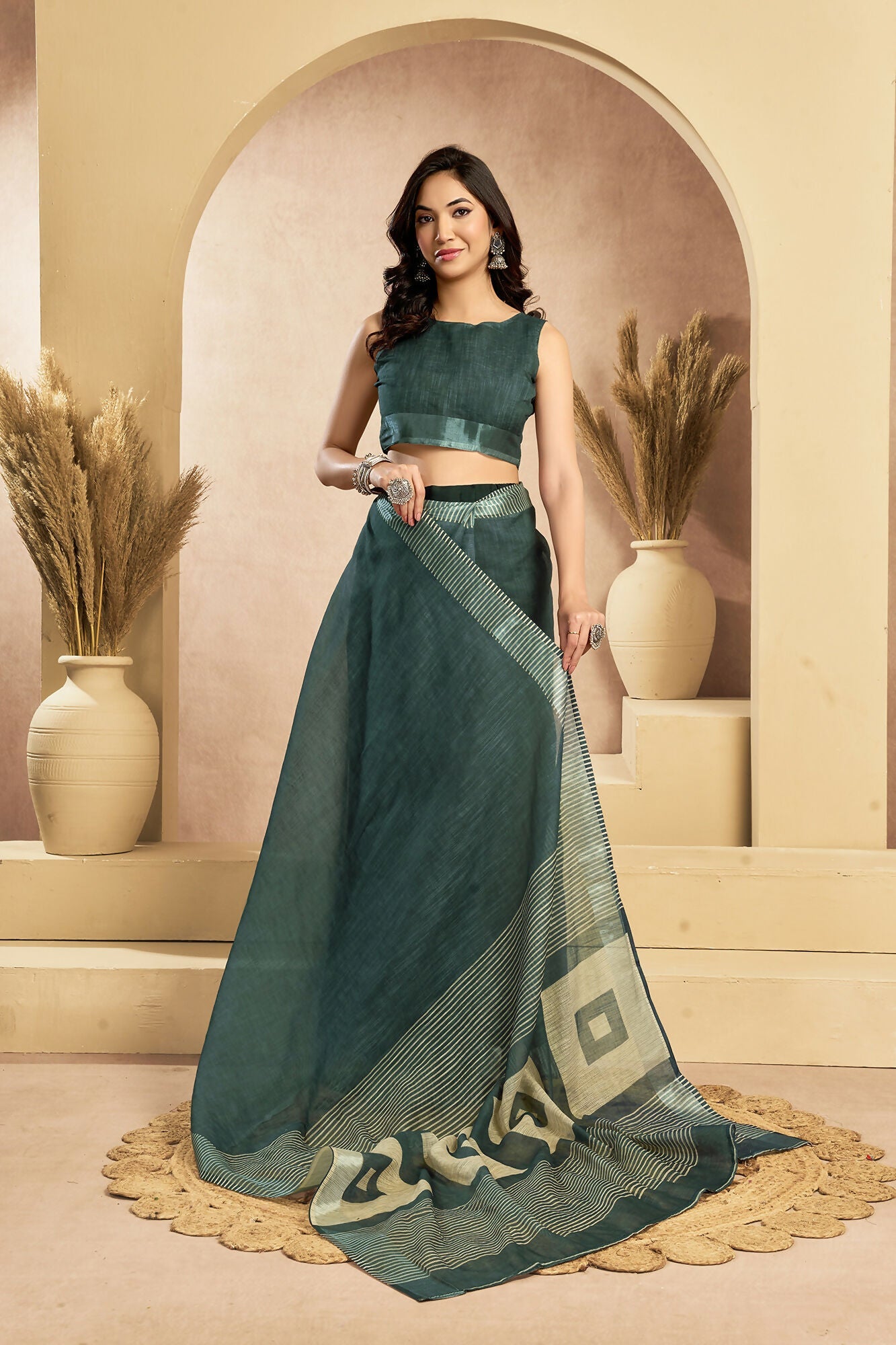 Vastranavya Morpeach Digital Printed Linen Ready To Wear Pocket Saree with Unstitched Blouse