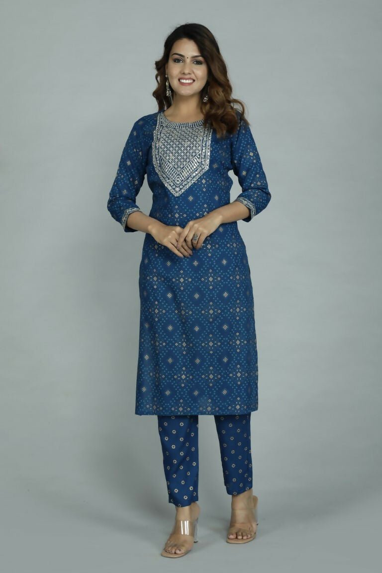 Alvano Printed Sequence Kurti with Pant and Dupatta set Rayon (Blue)