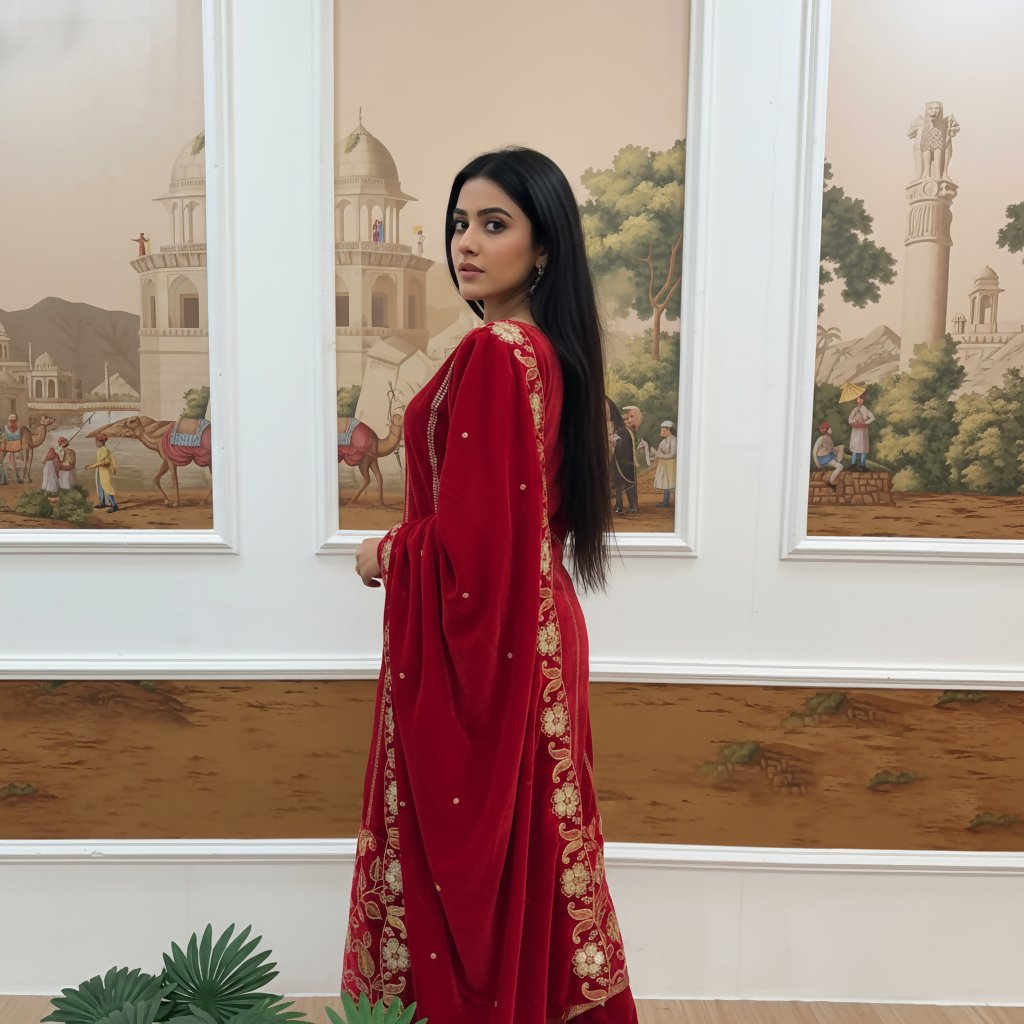 Teeya Creation Red Color Velvet Designer Embroidery Work party Wear Suit