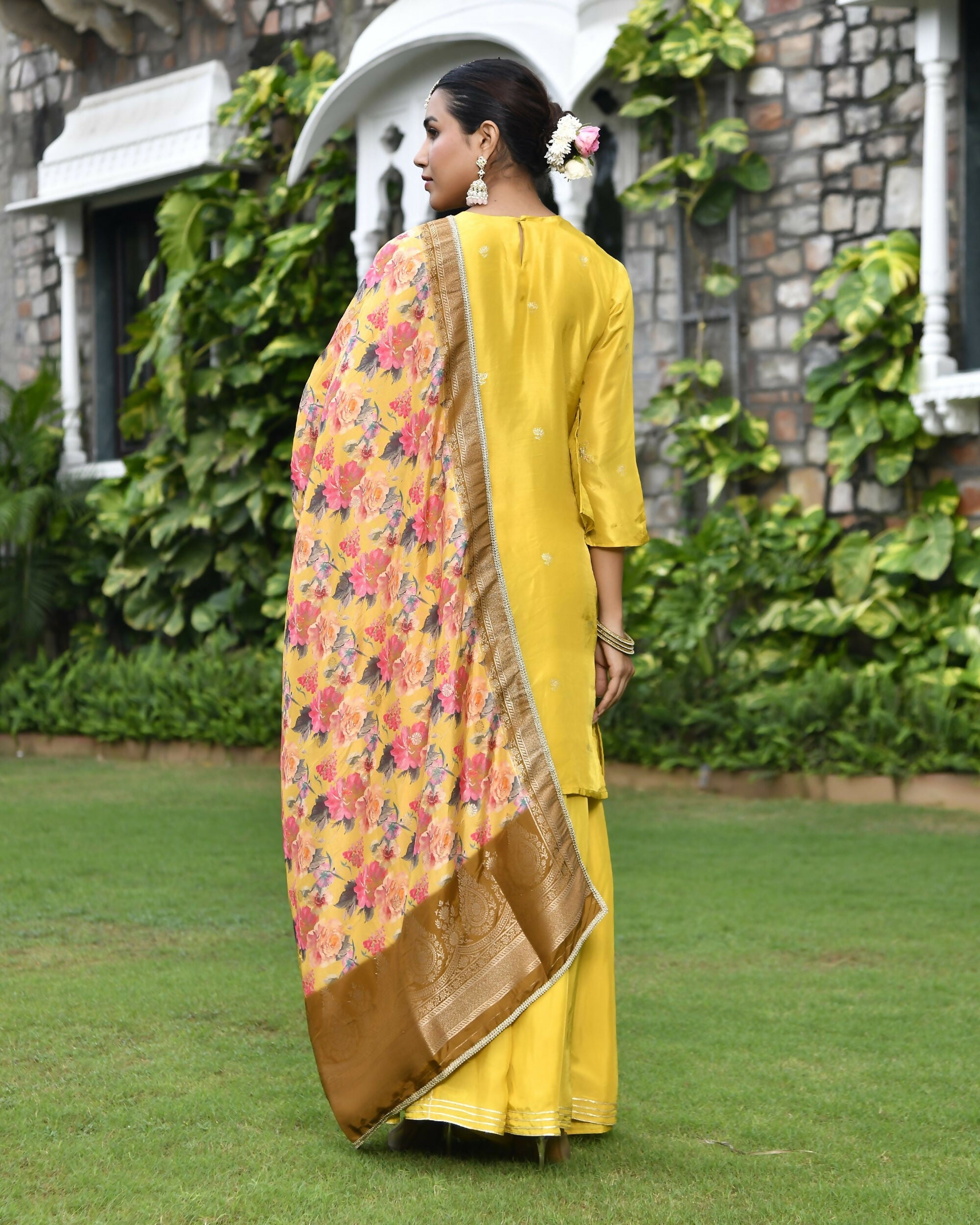 Vaasva Women's Silk Mustard Emboidered Solid Kurta, Sharara & Dupatta Set