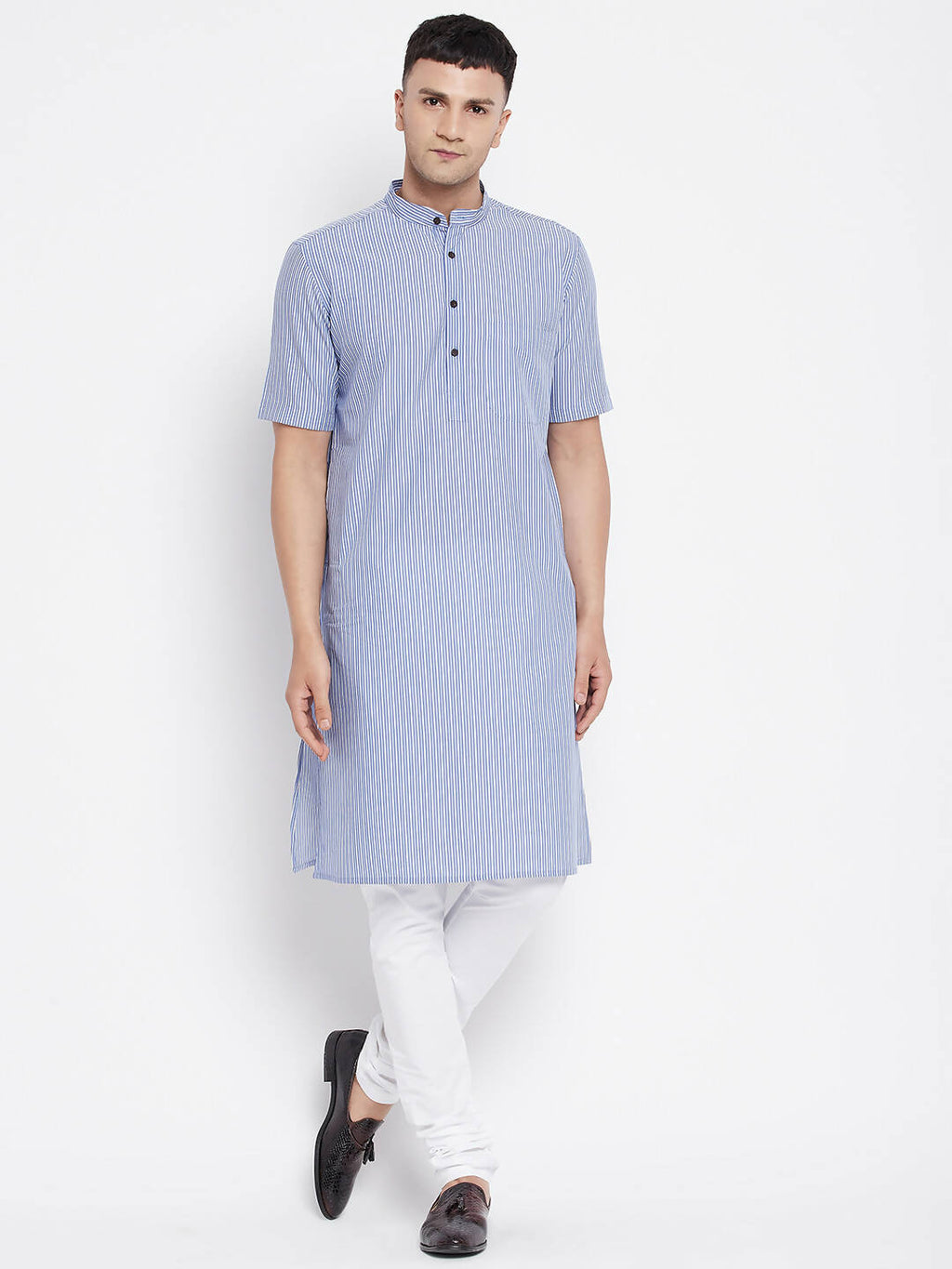 Even Apparels Blue Men's H/S Pure Cotton Kurta With Band Collar