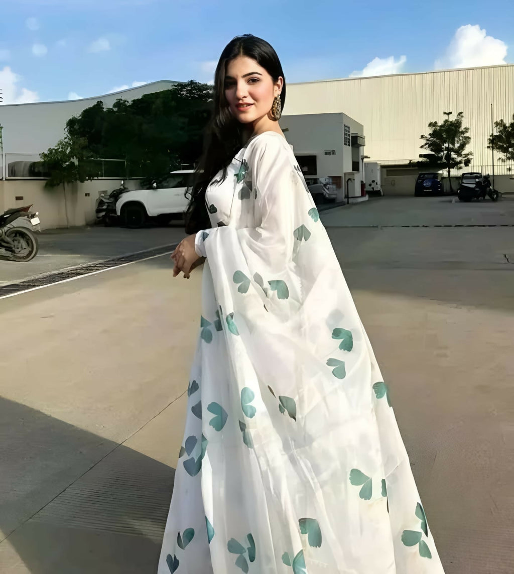 Dishitha Creation Women Floral Printed Designer Gown - Off White