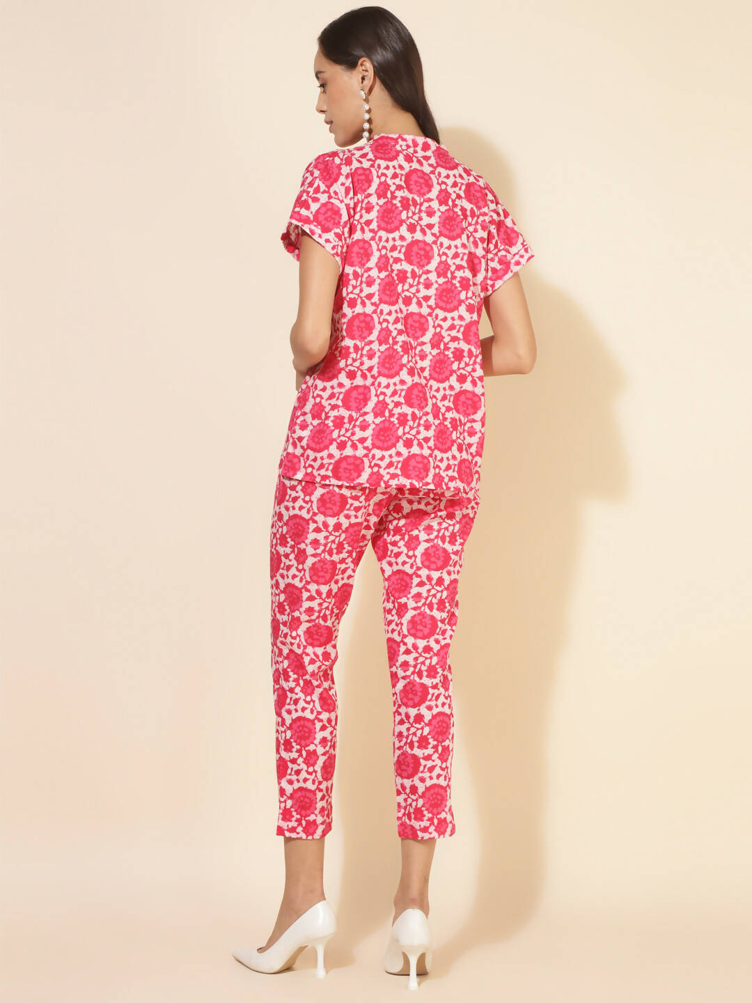 Janasya Women's Pink and White Cotton Printed Casual Regular Co-ords