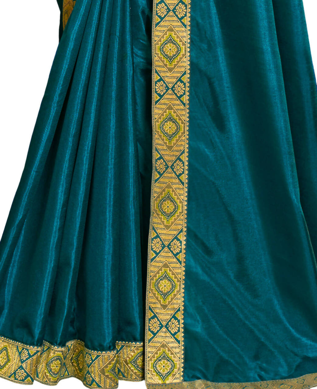 Teal Solid Vichitra Saree With Unstitched Blouse Piece - Selena