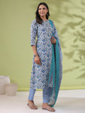 Janasya Regular Poly Cotton White Floral Round Neck Kurta Set