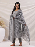 Janasya Regular Poly Cotton Grey Ethnic Motifs V-Neck Kurta,Bottom & Dupatta