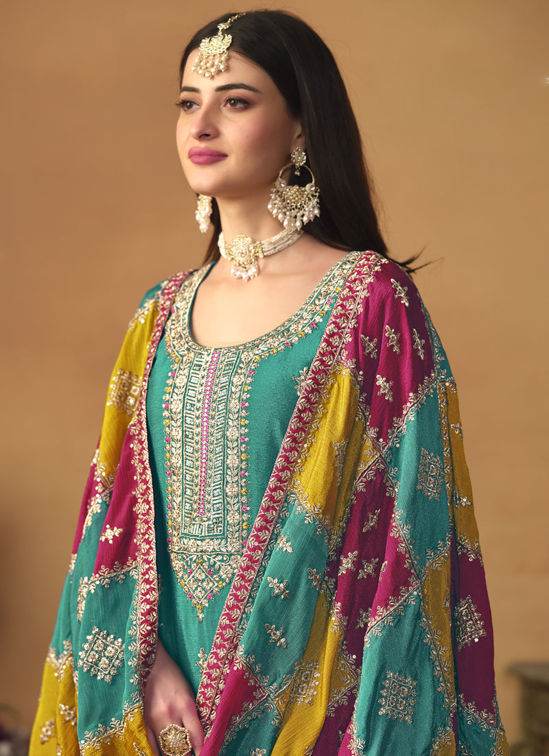 Vegaa Fashion Sky Blue Chinon Silk Embroidered Salwar Suit
