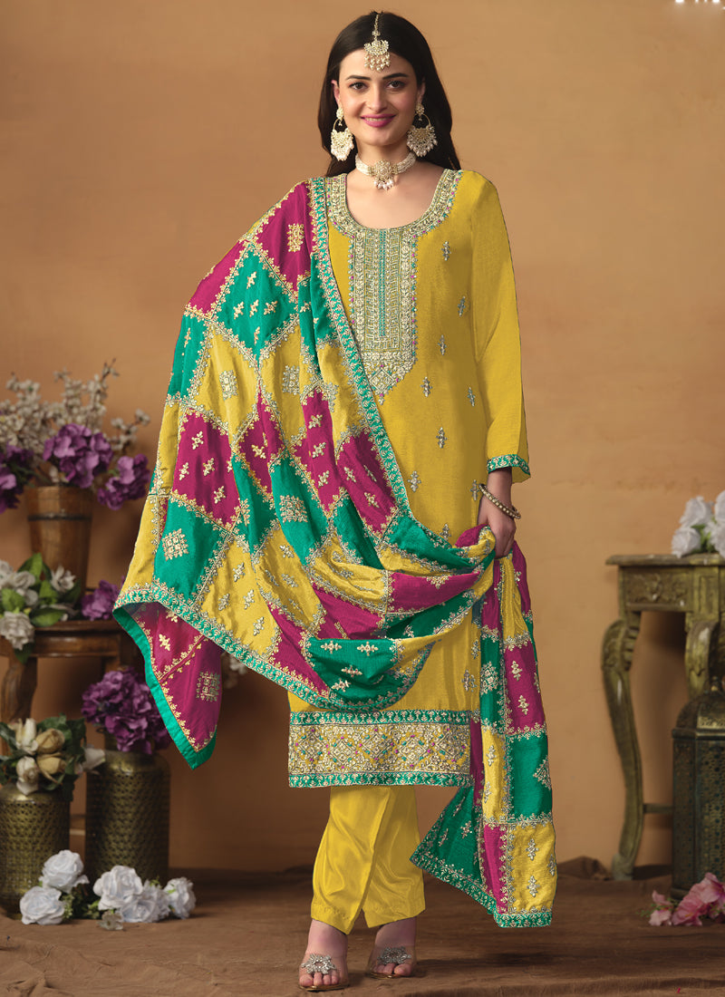 Vegaa Fashion Yellow Chinon Silk Embroidered Salwar Suit