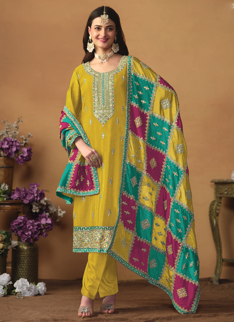 Vegaa Fashion Yellow Chinon Silk Embroidered Salwar Suit