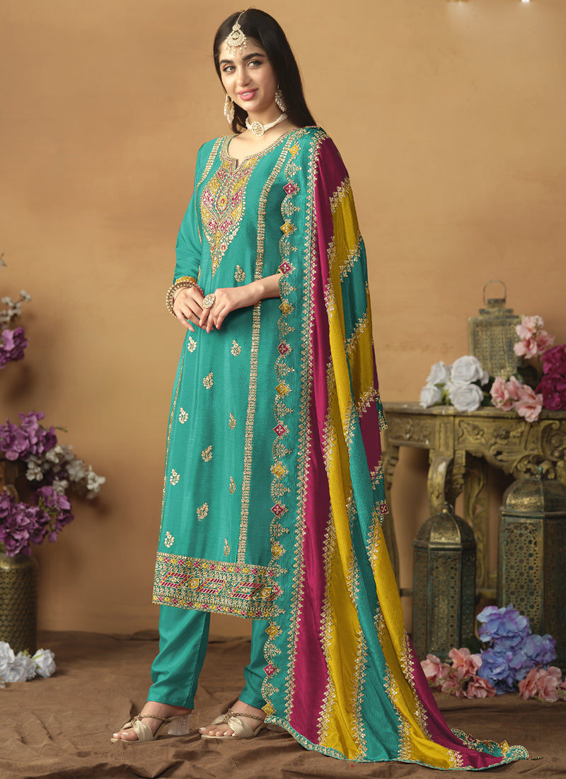 Vegaa Fashion Sky Blue Chinon Silk Embroidered Salwar Suit