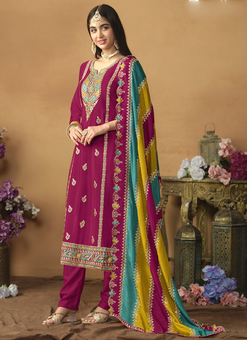 Vegaa Fashion Rani Pink Chinon Silk Embroidered Salwar Suit
