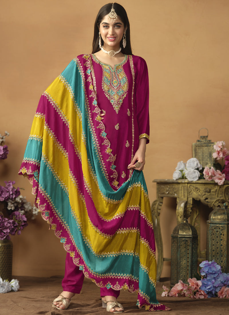 Vegaa Fashion Rani Pink Chinon Silk Embroidered Salwar Suit