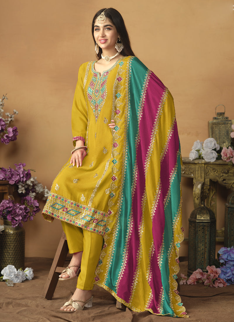 Vegaa Fashion Yellow Chinon Silk Embroidered Salwar Suit