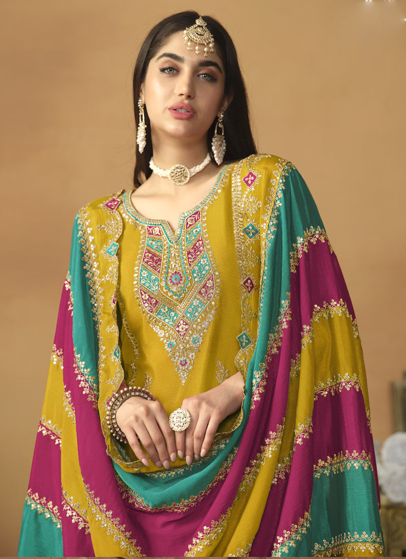 Vegaa Fashion Yellow Chinon Silk Embroidered Salwar Suit
