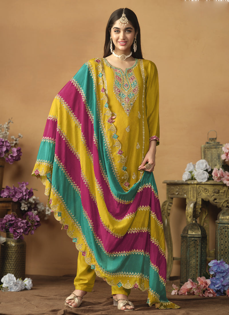 Vegaa Fashion Yellow Chinon Silk Embroidered Salwar Suit